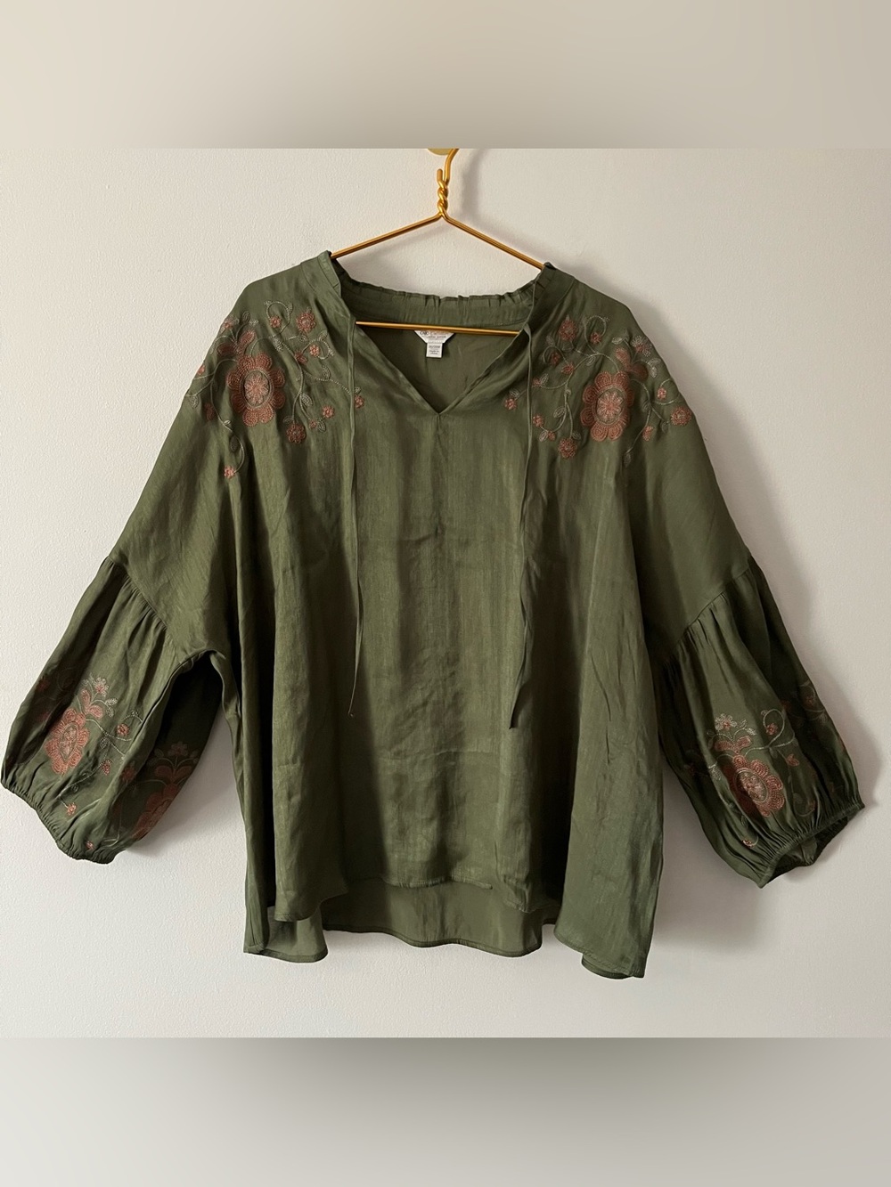 Cato Olive Green Embroidered Balloon Sleeve Boho Peasant Tunic Relaxed  26/28 W